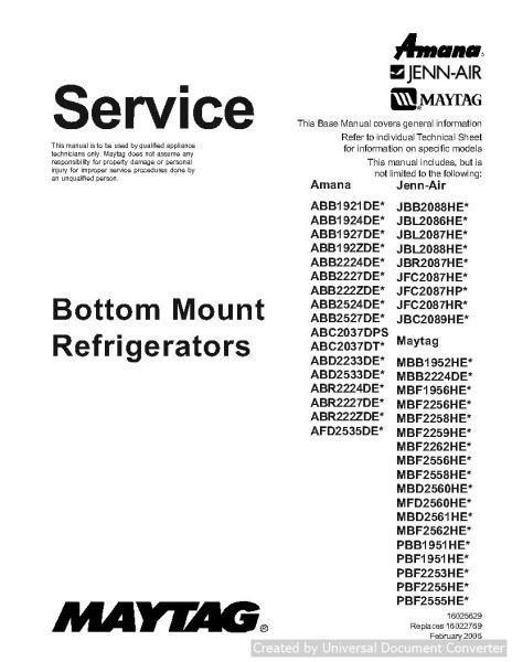 Amana ABD2233DE Bottom Mount Refrigerator Service Manual