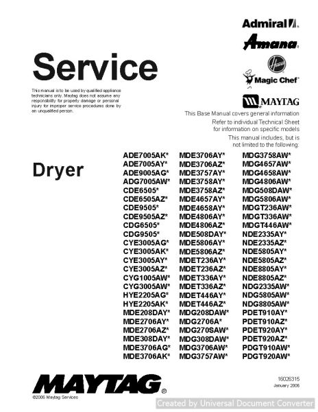 Maytag Amana CDG6505 Dryer Service Manual