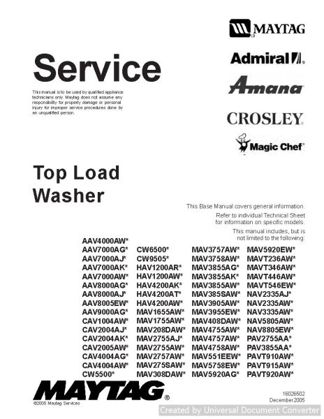 Maytag Amana CAV2004AK Top Load Washer Service Manual