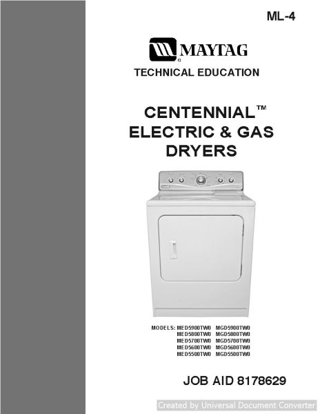 Maytag MED5600TW0 Centennial Electric & Gas Dryers Service Manual