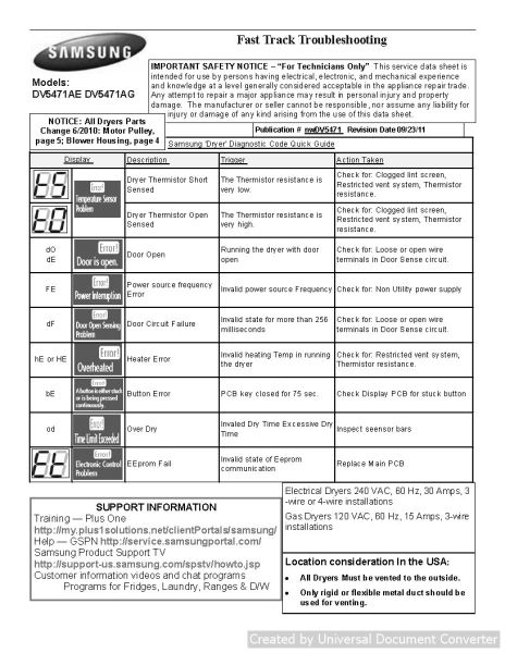 Samsung DV5471AG Fast Track Troubleshooting Manual