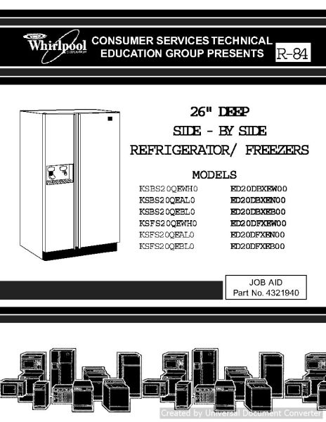 Whirlpool KSBS20QEAL0 26 inch Side x Side Refrigerators and Freezers Service Manual