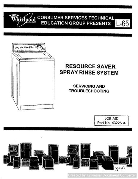 Whirlpool Washer L-65 Resource Saver Spray Rinse System Service Manual