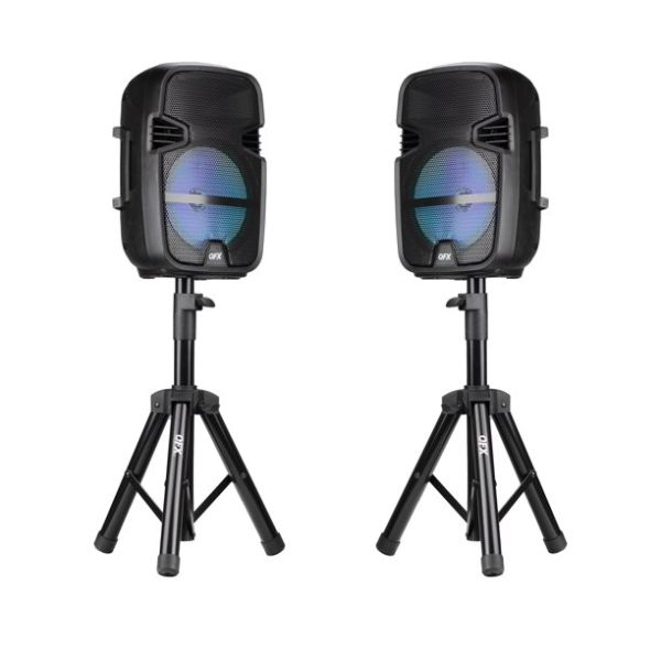 QFX Twin Wireless Bluetooth Speakers, 8-Inch Tall, Includes 2 Stands and 2 Microphones, Black